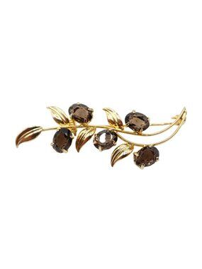 Smokey Topaz & Gold Tone Botanical Vine Leaf Gemstone Brooch Unsigned